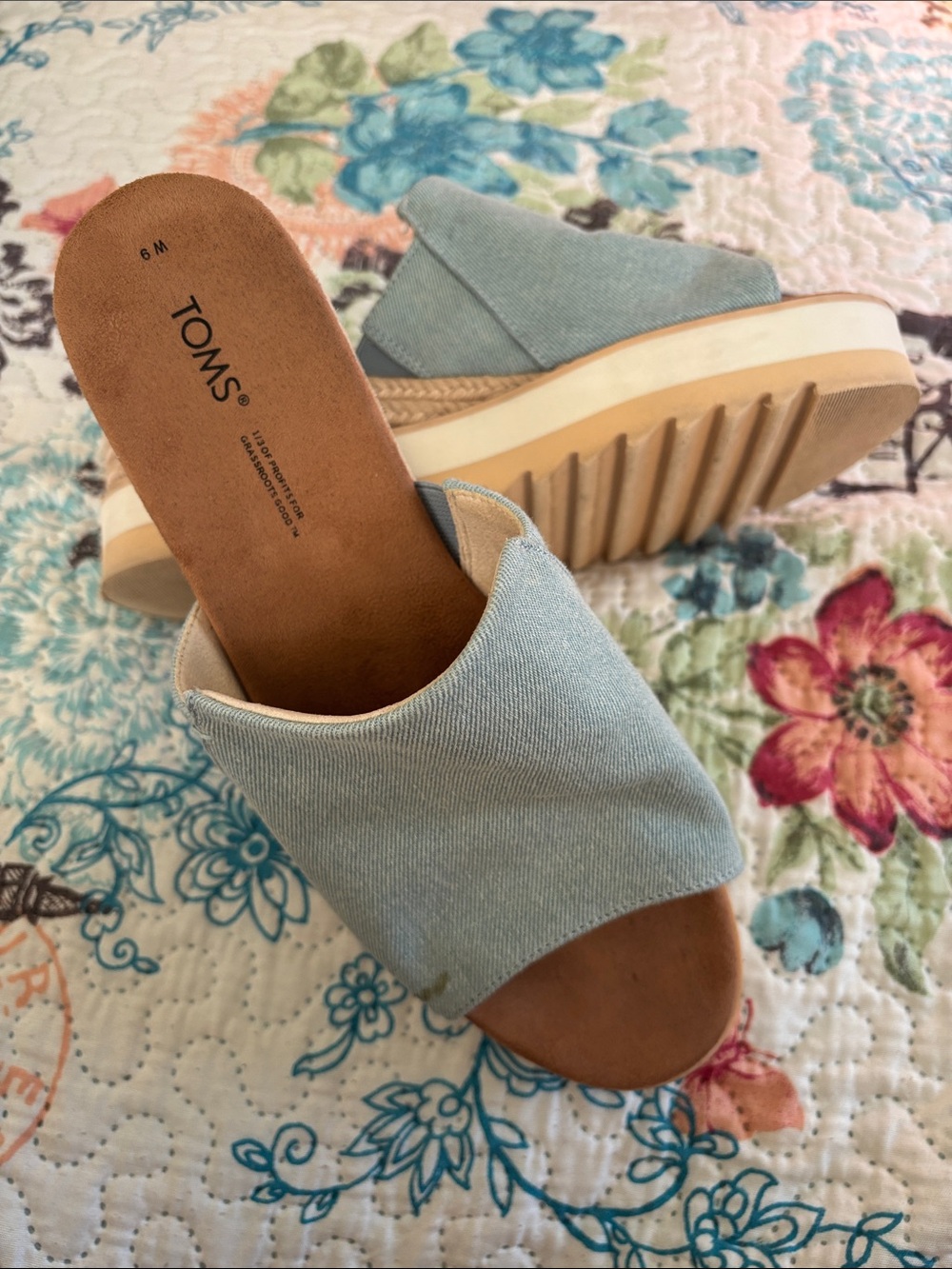 Toms Light Blue Denim Slide Platform Mules